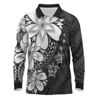 Polynesia Romantic Valentine Long Sleeve Polo Shirt Sea Turtle Couple With Black Plumeria LT05 Black - Polynesian Pride