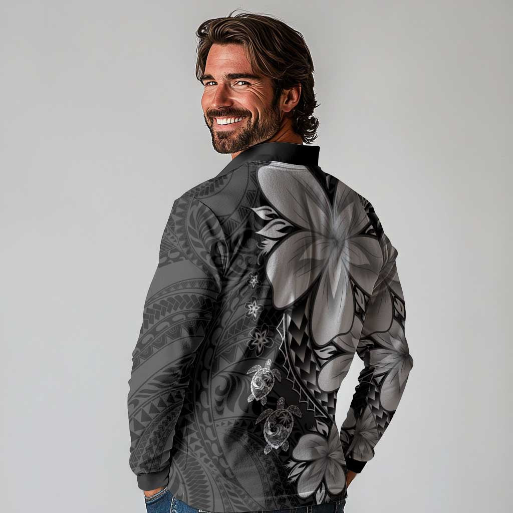 Polynesia Romantic Valentine Long Sleeve Polo Shirt Sea Turtle Couple With Black Plumeria LT05 - Polynesian Pride