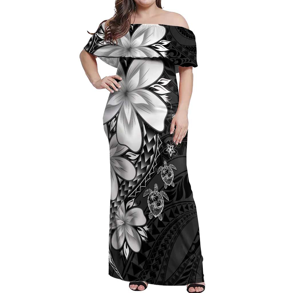 Polynesia Romantic Valentine Off Shoulder Maxi Dress Sea Turtle Couple With Black Plumeria LT05 Women Black - Polynesian Pride