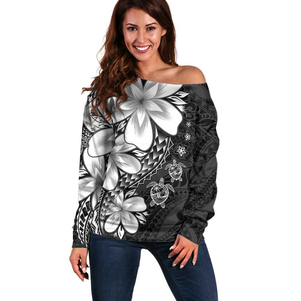 Polynesia Romantic Valentine Off Shoulder Sweater Sea Turtle Couple With Black Plumeria LT05 Women Black - Polynesian Pride