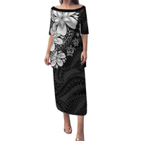 Polynesia Romantic Valentine Puletasi Sea Turtle Couple With Black Plumeria LT05 Long Dress Black - Polynesian Pride