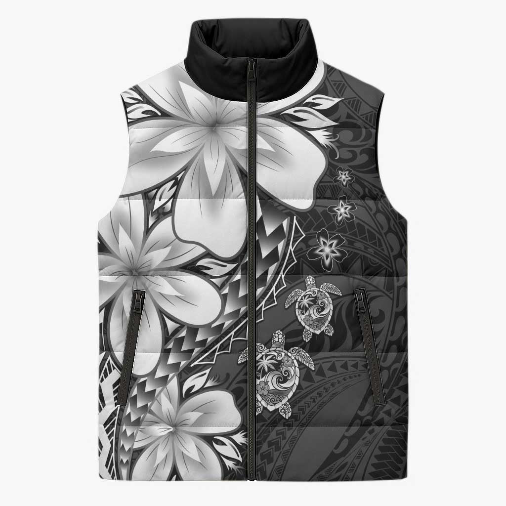 Polynesia Romantic Valentine Sleeveless Puffer Jacket Sea Turtle Couple With Black Plumeria LT05 Unisex Black - Polynesian Pride