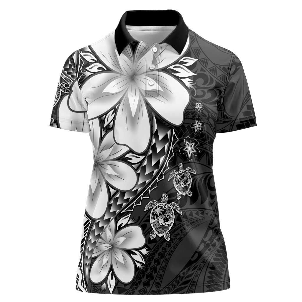 Polynesia Romantic Valentine Women Polo Shirt Sea Turtle Couple With Black Plumeria LT05 Female Black - Polynesian Pride