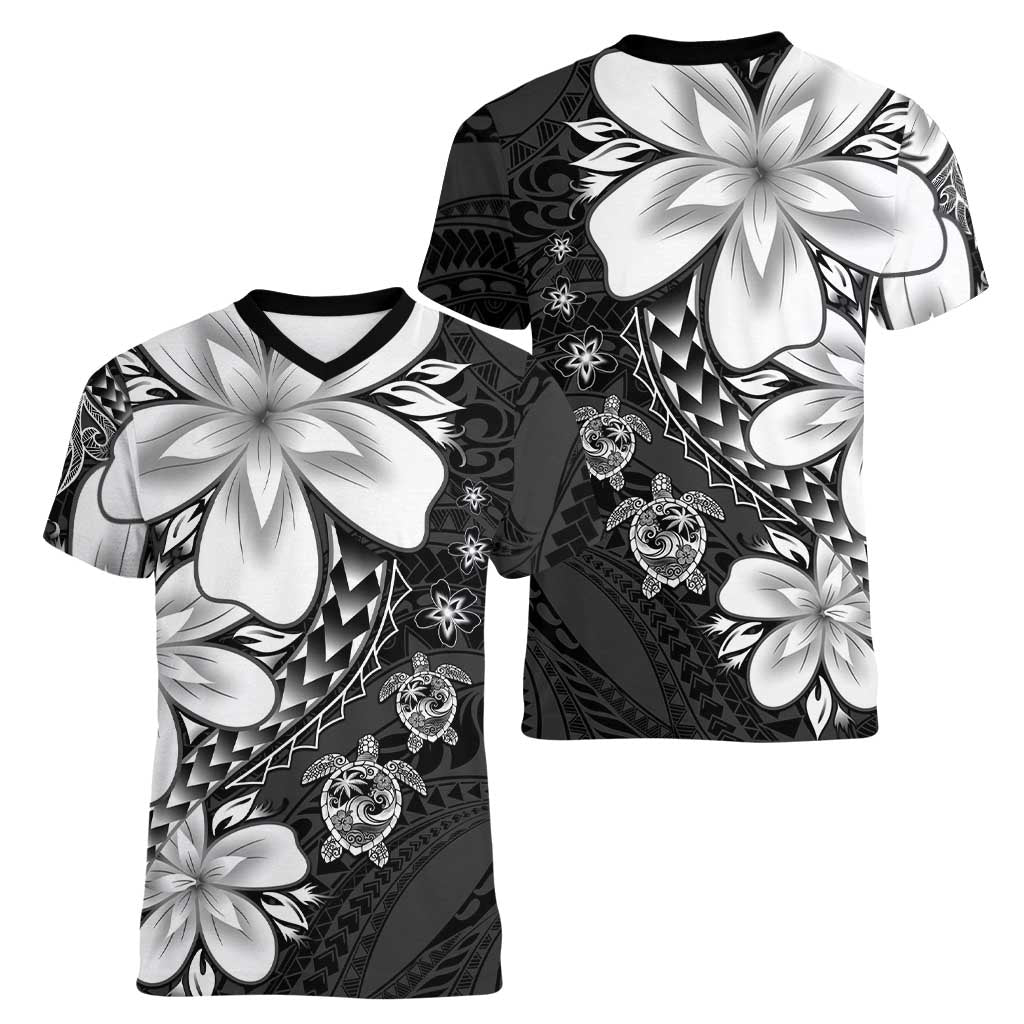 Polynesia Romantic Valentine Women V-Neck T-Shirt Sea Turtle Couple With Black Plumeria LT05 - Polynesian Pride