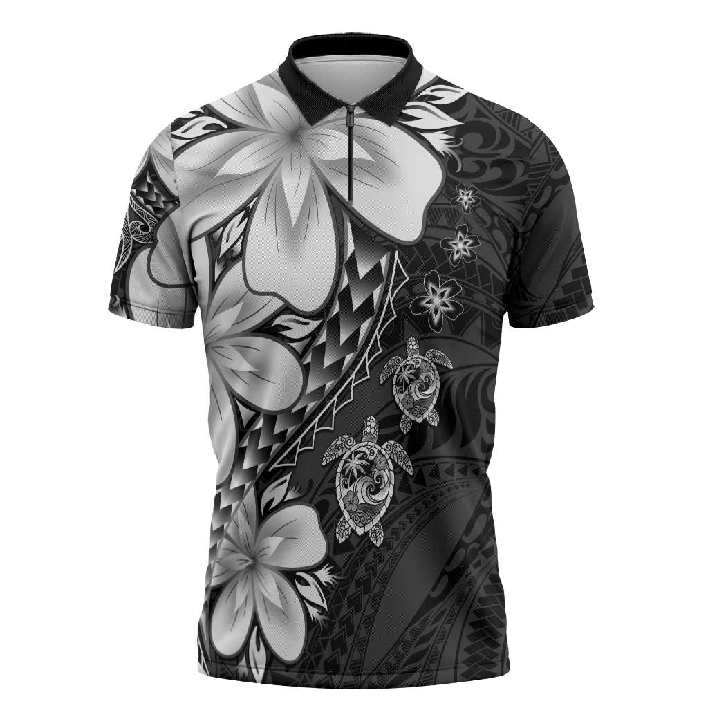 Polynesia Romantic Valentine Zipper Polo Shirt Sea Turtle Couple With Black Plumeria LT05 Black - Polynesian Pride