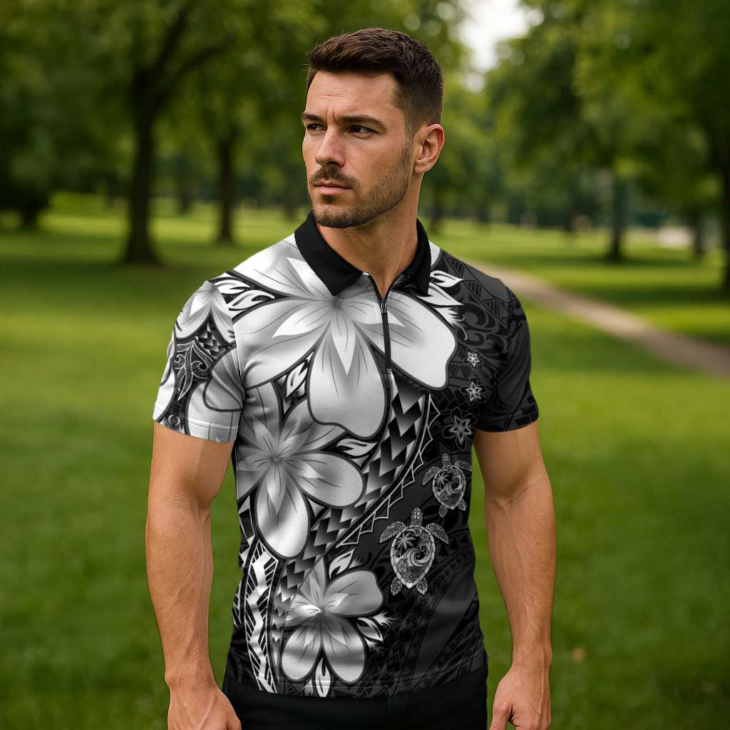Polynesia Romantic Valentine Zipper Polo Shirt Sea Turtle Couple With Black Plumeria LT05 - Polynesian Pride