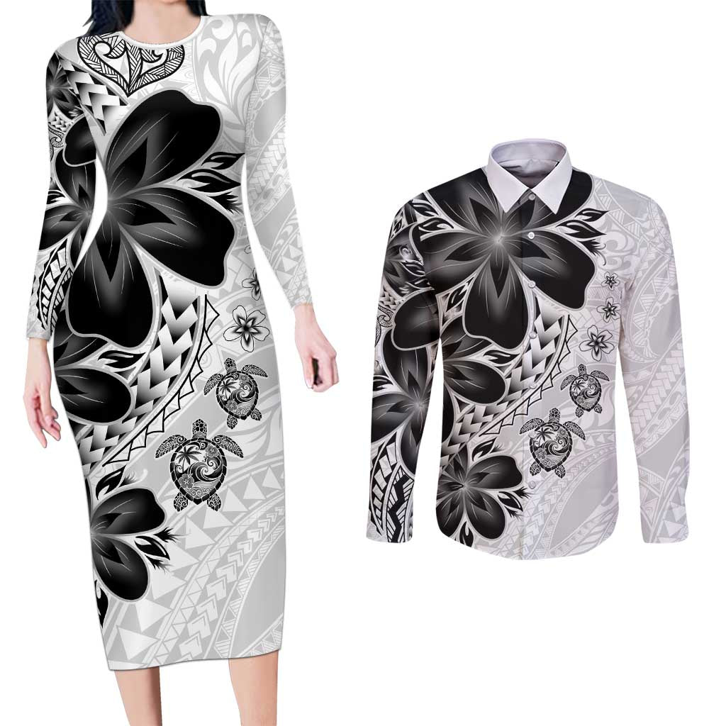 Polynesia Romantic Valentine Couples Matching Long Sleeve Bodycon Dress and Long Sleeve Button Shirt Sea Turtle Couple With White Plumeria LT05 White - Polynesian Pride
