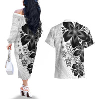 Polynesia Romantic Valentine Couples Matching Off The Shoulder Long Sleeve Dress and Hawaiian Shirt Sea Turtle Couple With White Plumeria