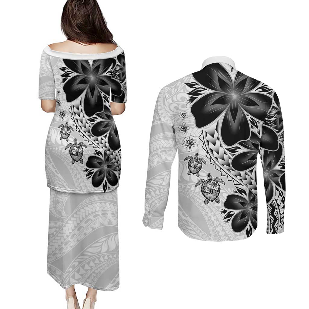 Polynesia Romantic Valentine Couples Matching Puletasi and Long Sleeve Button Shirt Sea Turtle Couple With White Plumeria LT05 - Polynesian Pride