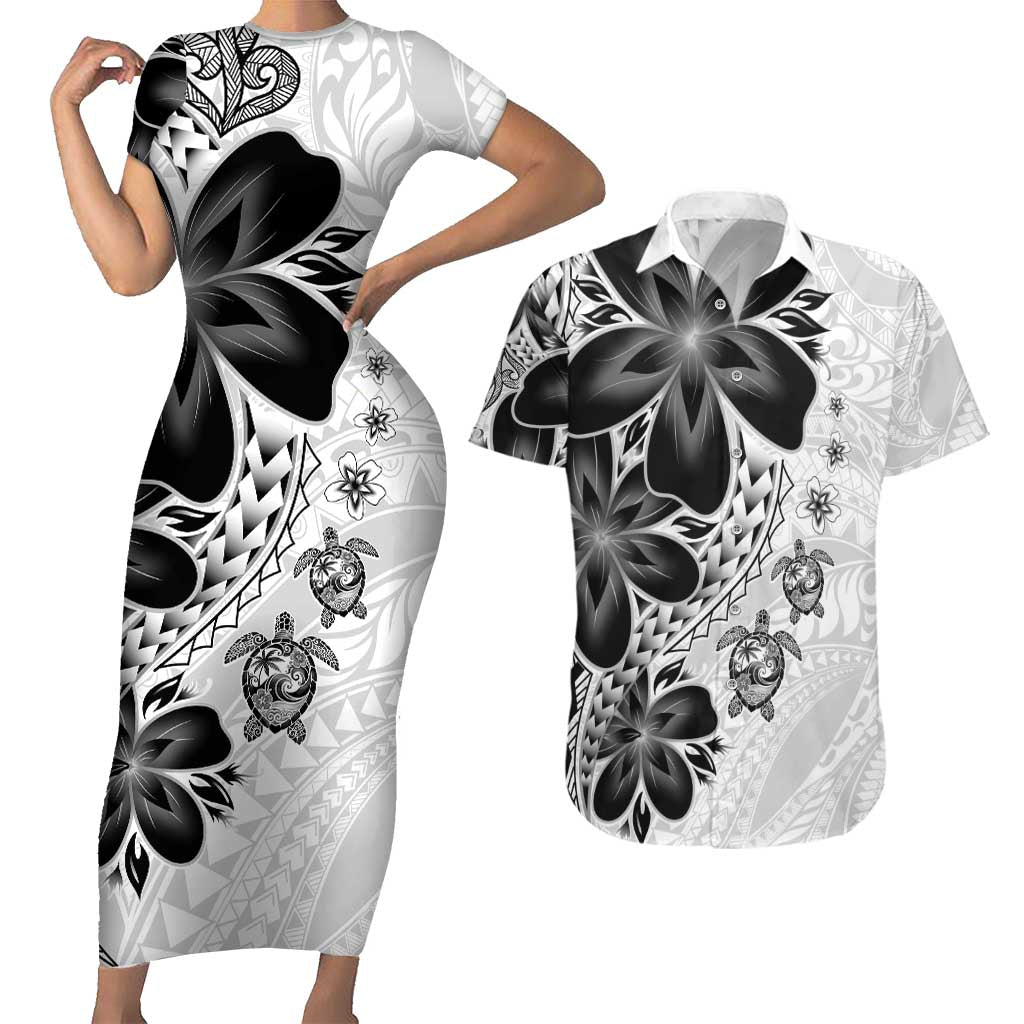 Polynesia Romantic Valentine Couples Matching Short Sleeve Bodycon Dress and Hawaiian Shirt Sea Turtle Couple With White Plumeria