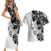 Polynesia Romantic Valentine Couples Matching Short Sleeve Bodycon Dress and Hawaiian Shirt Sea Turtle Couple With White Plumeria