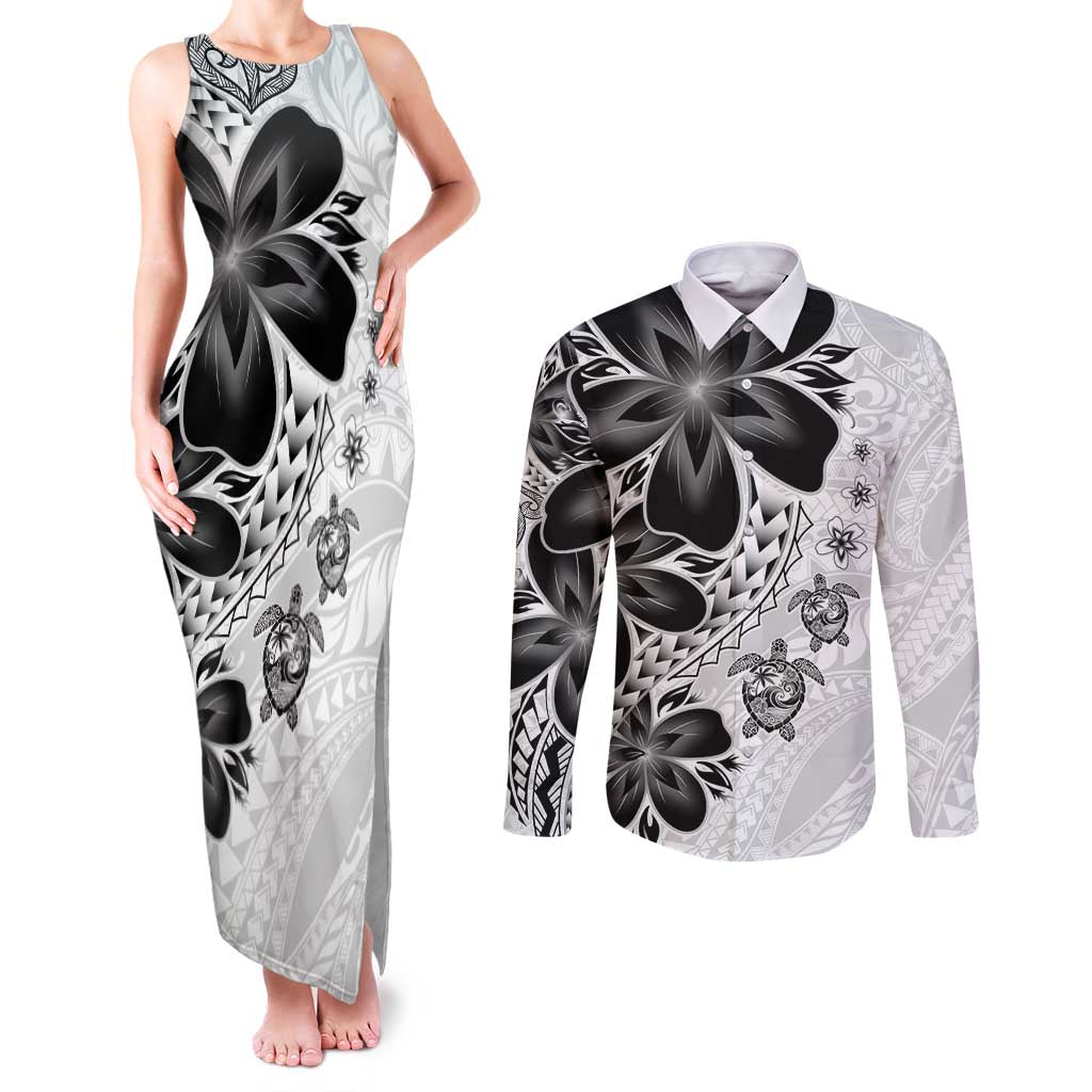 Polynesia Romantic Valentine Couples Matching Tank Maxi Dress and Long Sleeve Button Shirt Sea Turtle Couple With White Plumeria LT05 White - Polynesian Pride