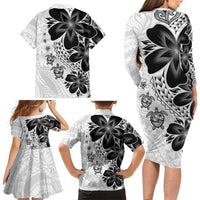 Polynesia Romantic Valentine Family Matching Long Sleeve Bodycon Dress and Hawaiian Shirt Sea Turtle Couple With White Plumeria