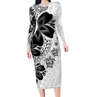 Polynesia Romantic Valentine Family Matching Long Sleeve Bodycon Dress and Hawaiian Shirt Sea Turtle Couple With White Plumeria