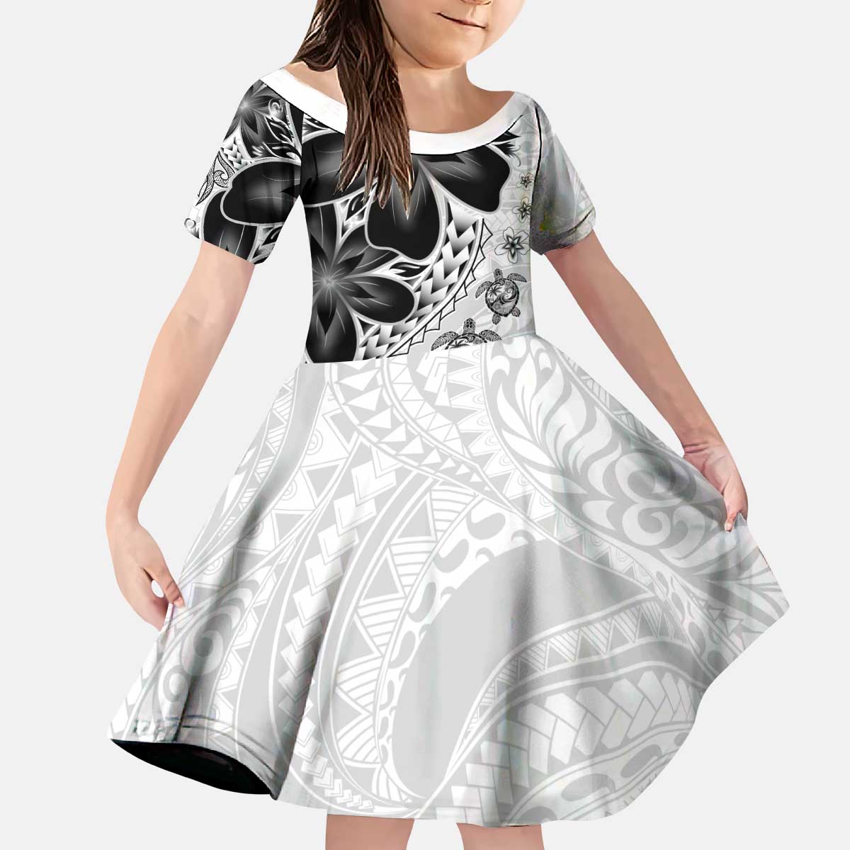 Polynesia Romantic Valentine Kid Short Sleeve Dress Sea Turtle Couple With White Plumeria LT05 KID White - Polynesian Pride