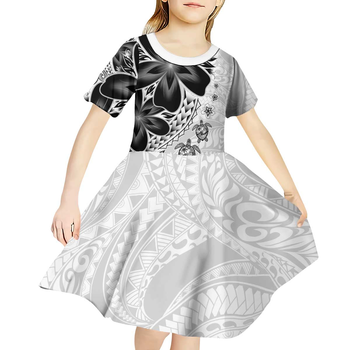 Polynesia Romantic Valentine Kid Short Sleeve Dress Sea Turtle Couple With White Plumeria LT05 - Polynesian Pride