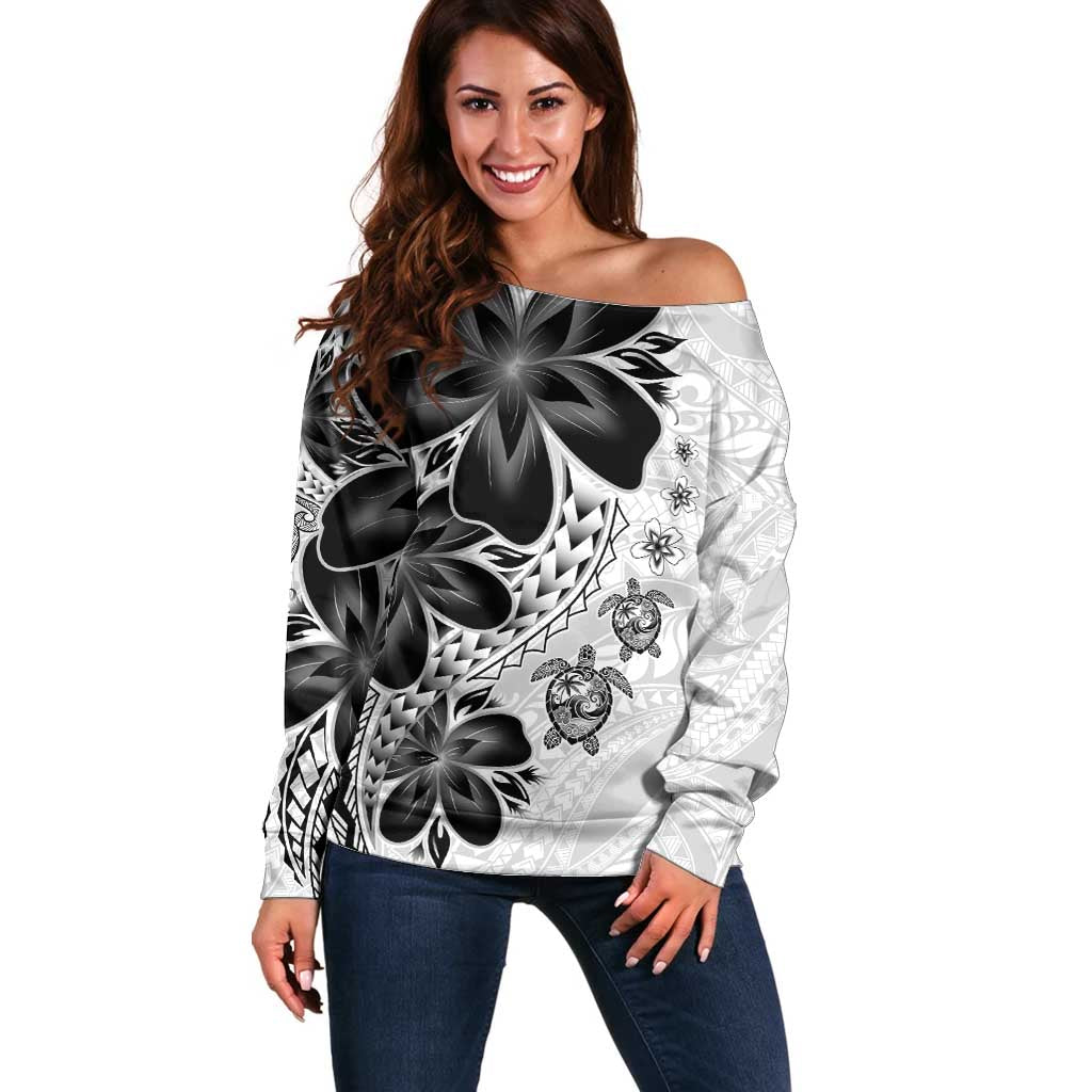 Polynesia Romantic Valentine Off Shoulder Sweater Sea Turtle Couple With White Plumeria LT05 Women White - Polynesian Pride