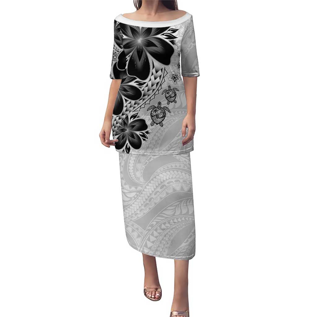 Polynesia Romantic Valentine Puletasi Sea Turtle Couple With White Plumeria LT05 Long Dress White - Polynesian Pride