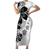Polynesia Romantic Valentine Short Sleeve Bodycon Dress Sea Turtle Couple With White Plumeria LT05 Long Dress White - Polynesian Pride