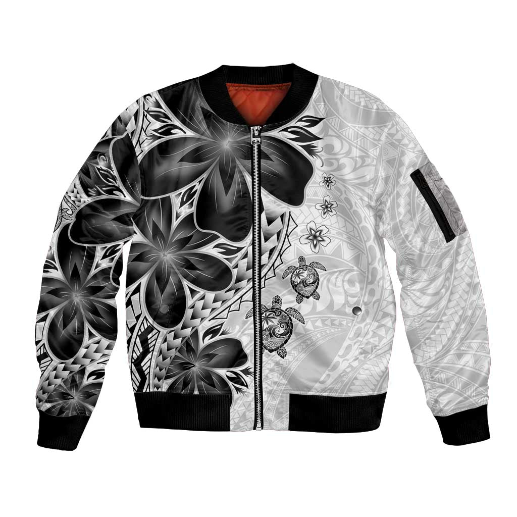 Polynesia Romantic Valentine Sleeve Zip Bomber Jacket Sea Turtle Couple With White Plumeria