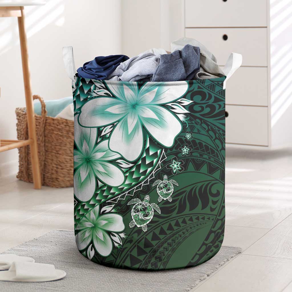 Polynesia Romantic Valentine Laundry Basket Sea Turtle Couple With Aqua Gradient Plumeria LT05 Aqua - Polynesian Pride