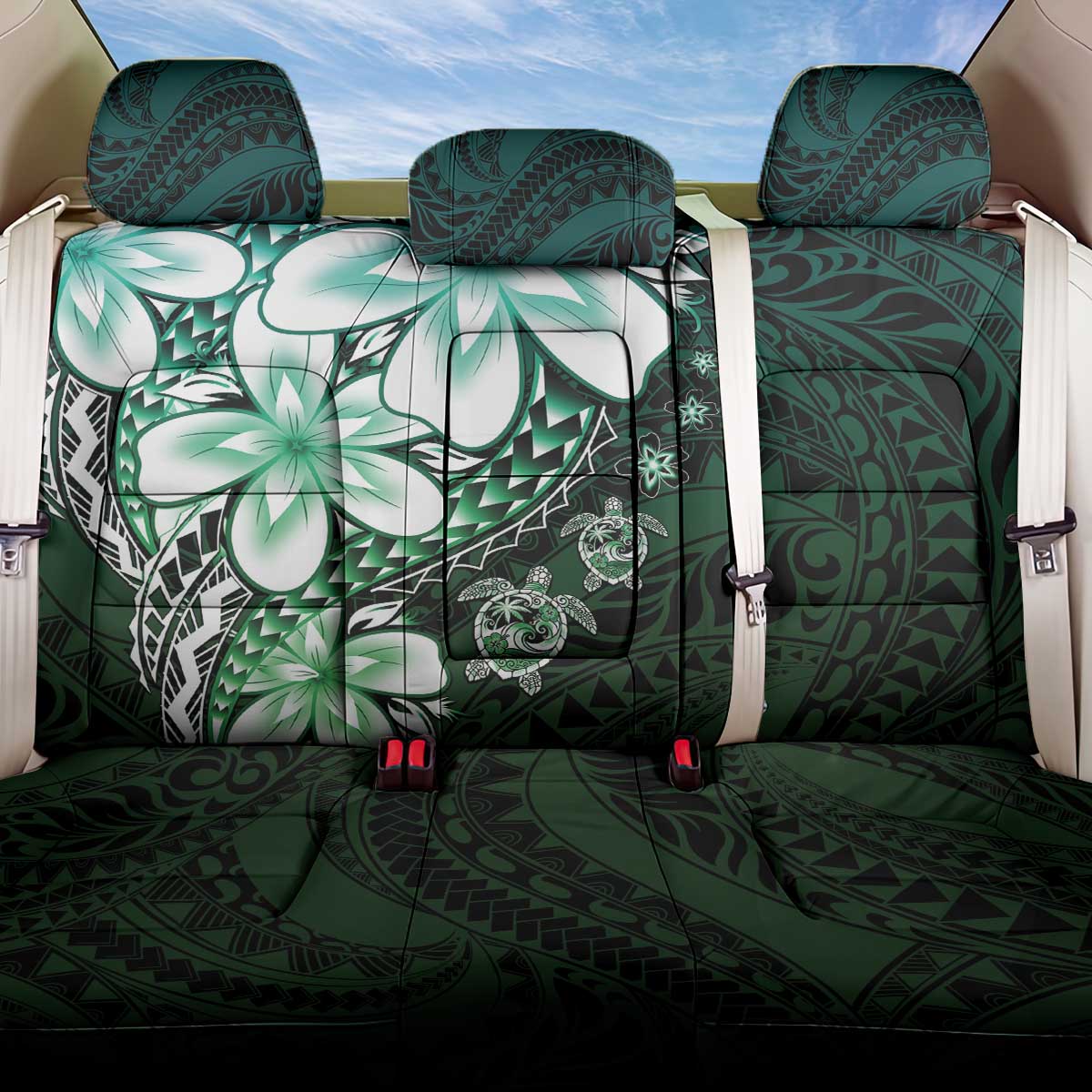 Polynesia Romantic Valentine Back Car Seat Cover Sea Turtle Couple With Aqua Gradient Plumeria LT05 One Size Aqua - Polynesian Pride