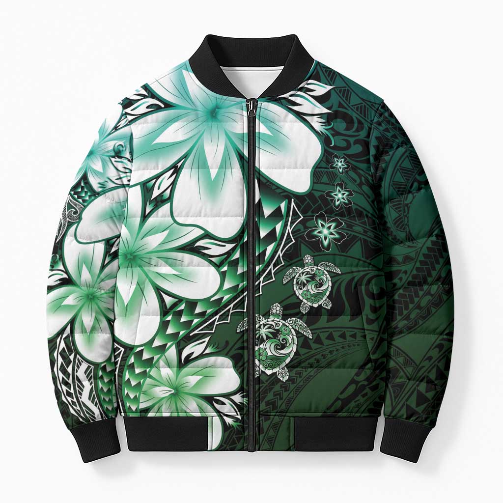 Polynesia Romantic Valentine Bomber Puffer Jacket Sea Turtle Couple With Aqua Gradient Plumeria LT05 Unisex Aqua - Polynesian Pride