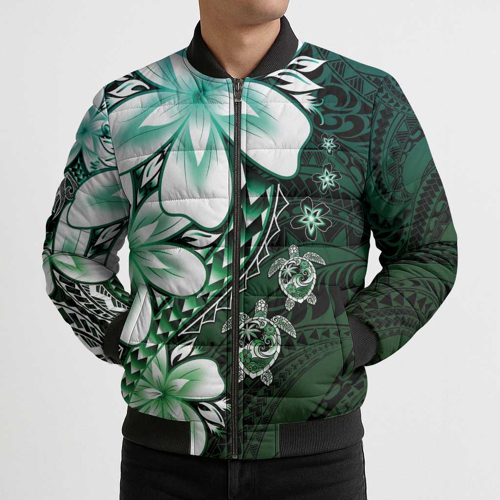 Polynesia Romantic Valentine Bomber Puffer Jacket Sea Turtle Couple With Aqua Gradient Plumeria LT05 - Polynesian Pride