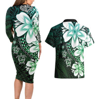 Polynesia Romantic Valentine Couples Matching Long Sleeve Bodycon Dress and Hawaiian Shirt Sea Turtle Couple With Aqua Gradient Plumeria