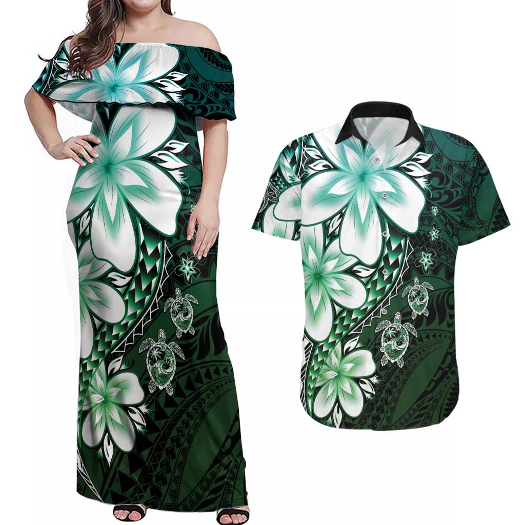 Polynesia Romantic Valentine Couples Matching Off Shoulder Maxi Dress and Hawaiian Shirt Sea Turtle Couple With Aqua Gradient Plumeria LT05 Aqua - Polynesian Pride