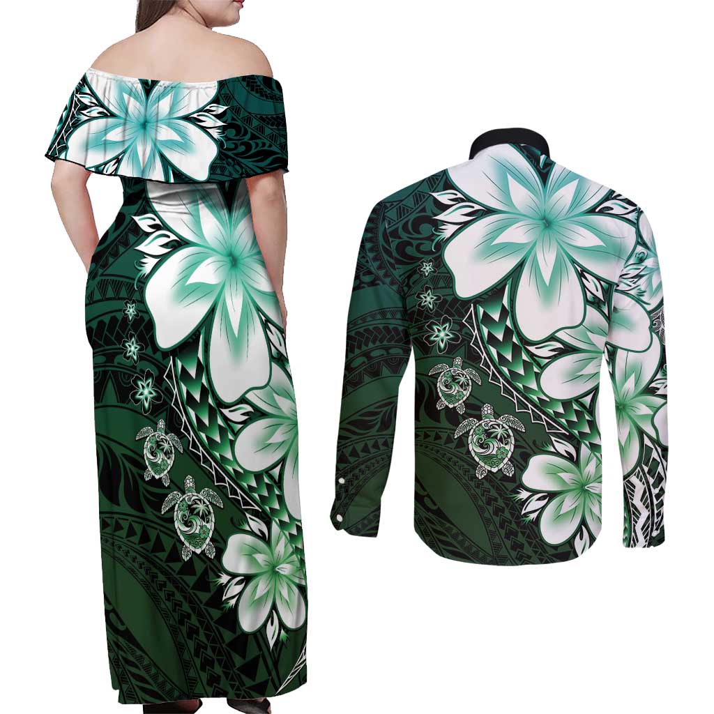 Polynesia Romantic Valentine Couples Matching Off Shoulder Maxi Dress and Long Sleeve Button Shirt Sea Turtle Couple With Aqua Gradient Plumeria LT05 - Polynesian Pride
