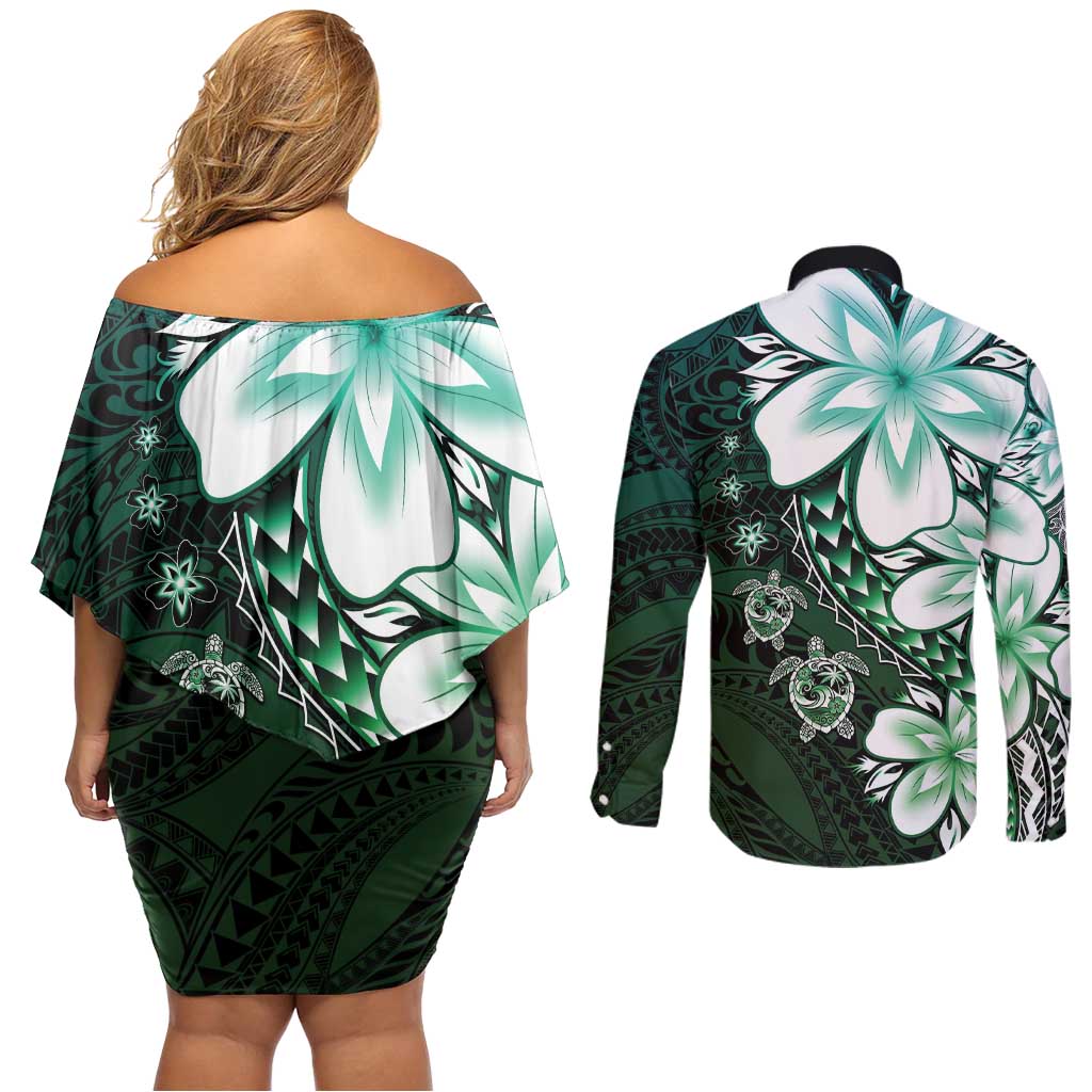Polynesia Romantic Valentine Couples Matching Off Shoulder Short Dress and Long Sleeve Button Shirt Sea Turtle Couple With Aqua Gradient Plumeria LT05 - Polynesian Pride