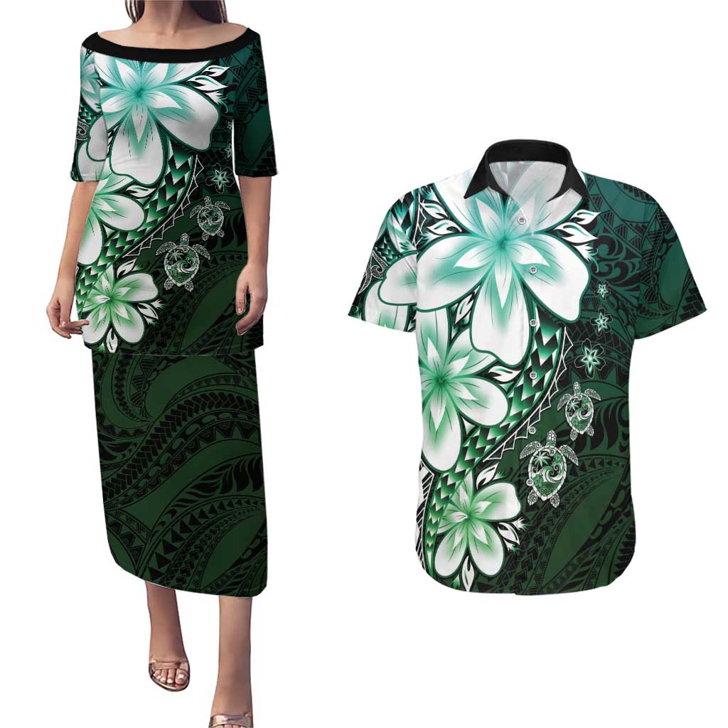 Polynesia Romantic Valentine Couples Matching Puletasi and Hawaiian Shirt Sea Turtle Couple With Aqua Gradient Plumeria LT05 Aqua - Polynesian Pride