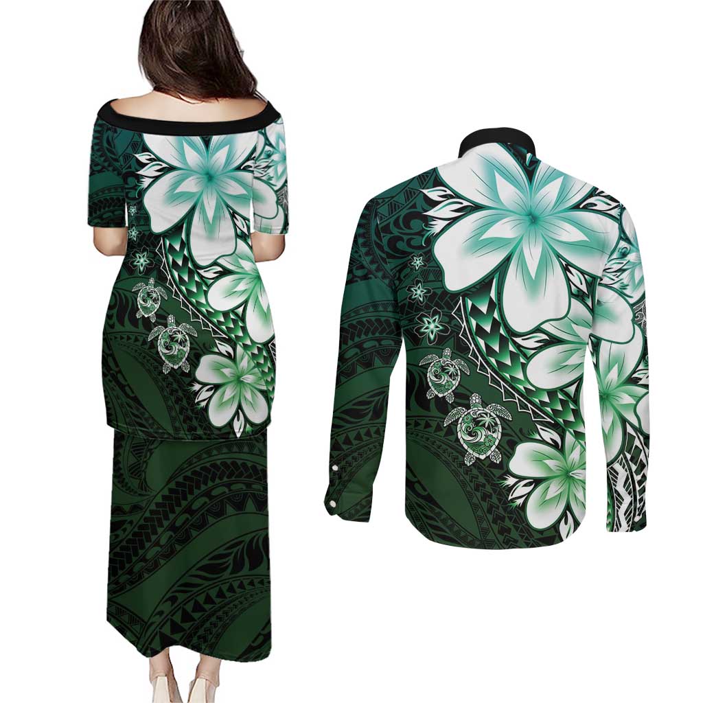 Polynesia Romantic Valentine Couples Matching Puletasi and Long Sleeve Button Shirt Sea Turtle Couple With Aqua Gradient Plumeria LT05 - Polynesian Pride