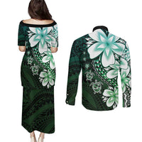 Polynesia Romantic Valentine Couples Matching Puletasi and Long Sleeve Button Shirt Sea Turtle Couple With Aqua Gradient Plumeria LT05 - Polynesian Pride