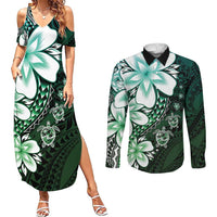 Polynesia Romantic Valentine Couples Matching Summer Maxi Dress and Long Sleeve Button Shirt Sea Turtle Couple With Aqua Gradient Plumeria