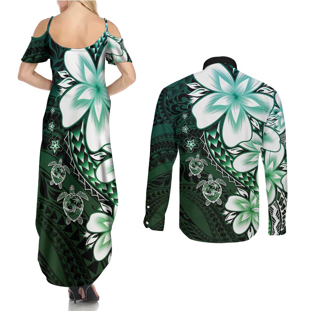Polynesia Romantic Valentine Couples Matching Summer Maxi Dress and Long Sleeve Button Shirt Sea Turtle Couple With Aqua Gradient Plumeria