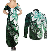 Polynesia Romantic Valentine Couples Matching Summer Maxi Dress and Long Sleeve Button Shirt Sea Turtle Couple With Aqua Gradient Plumeria