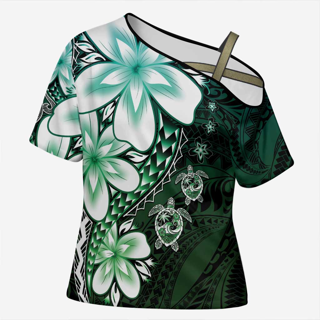 Polynesia Romantic Valentine Cross Shoulder Shirt Sea Turtle Couple With Aqua Gradient Plumeria LT05 Female Aqua - Polynesian Pride
