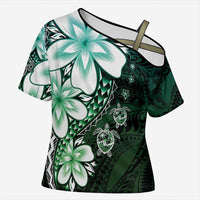 Polynesia Romantic Valentine Cross Shoulder Shirt Sea Turtle Couple With Aqua Gradient Plumeria LT05 Female Aqua - Polynesian Pride