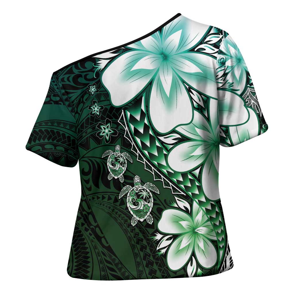 Polynesia Romantic Valentine Cross Shoulder Shirt Sea Turtle Couple With Aqua Gradient Plumeria LT05 - Polynesian Pride