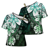Polynesia Romantic Valentine Cross Shoulder Shirt Sea Turtle Couple With Aqua Gradient Plumeria LT05 - Polynesian Pride