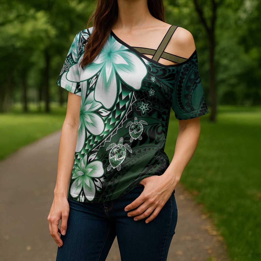 Polynesia Romantic Valentine Cross Shoulder Shirt Sea Turtle Couple With Aqua Gradient Plumeria LT05 - Polynesian Pride