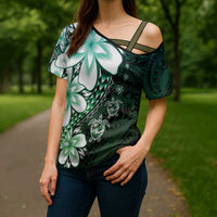 Polynesia Romantic Valentine Cross Shoulder Shirt Sea Turtle Couple With Aqua Gradient Plumeria LT05 - Polynesian Pride