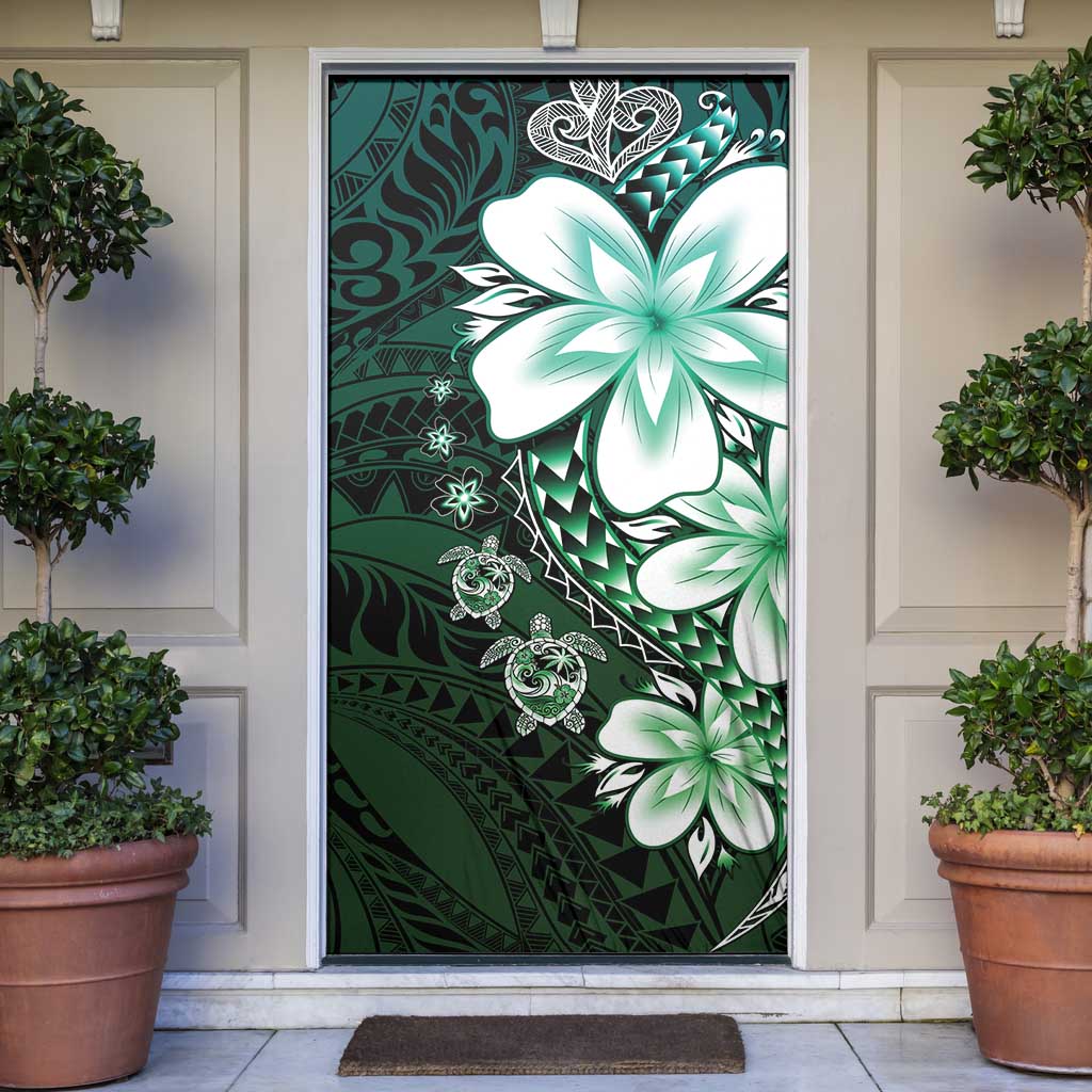 Polynesia Romantic Valentine Door Cover Sea Turtle Couple With Aqua Gradient Plumeria LT05 Aqua - Polynesian Pride