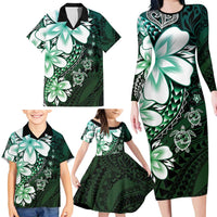 Polynesia Romantic Valentine Family Matching Long Sleeve Bodycon Dress and Hawaiian Shirt Sea Turtle Couple With Aqua Gradient Plumeria