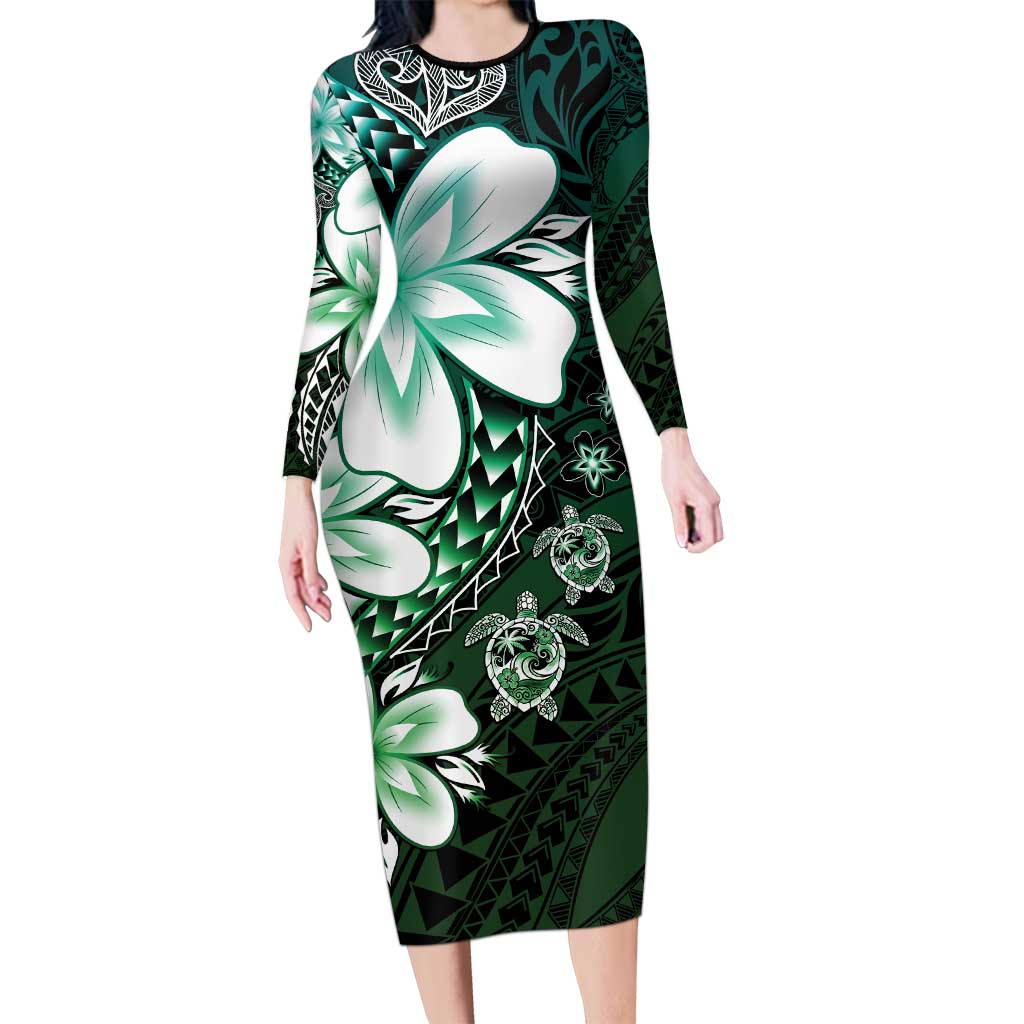 Polynesia Romantic Valentine Family Matching Long Sleeve Bodycon Dress and Hawaiian Shirt Sea Turtle Couple With Aqua Gradient Plumeria