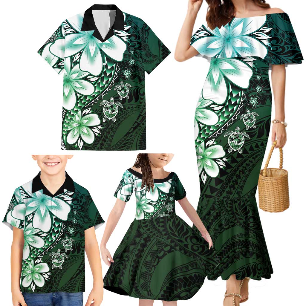 Polynesia Romantic Valentine Family Matching Mermaid Dress and Hawaiian Shirt Sea Turtle Couple With Aqua Gradient Plumeria