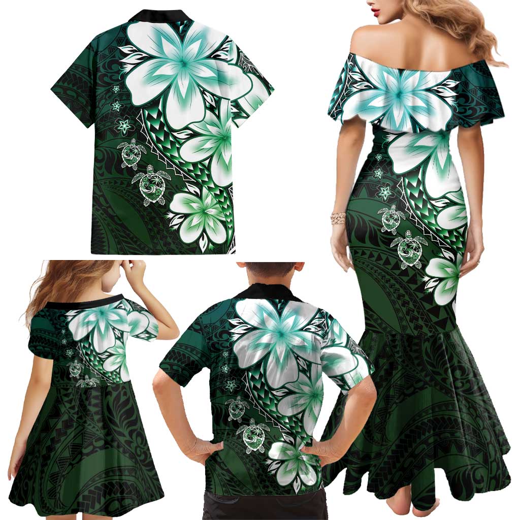 Polynesia Romantic Valentine Family Matching Mermaid Dress and Hawaiian Shirt Sea Turtle Couple With Aqua Gradient Plumeria