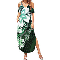 Polynesia Romantic Valentine Family Matching Summer Maxi Dress and Hawaiian Shirt Sea Turtle Couple With Aqua Gradient Plumeria